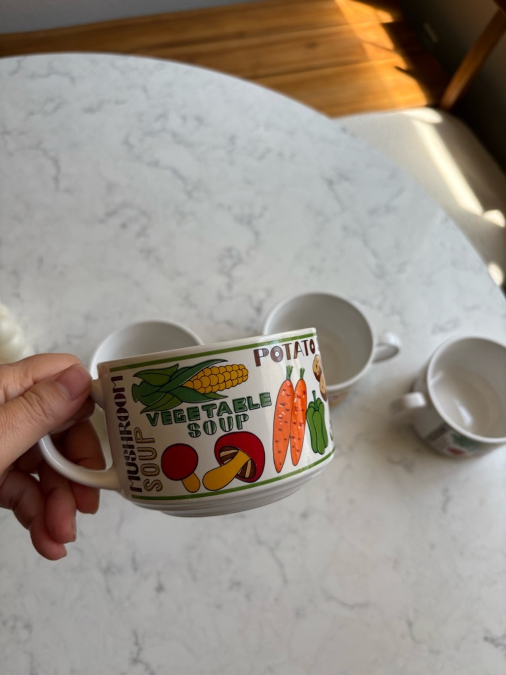 Set of 4 Vintage 70s Pop Art Vegetable Soup Ceramic Mug  Colorful Veggie Japan